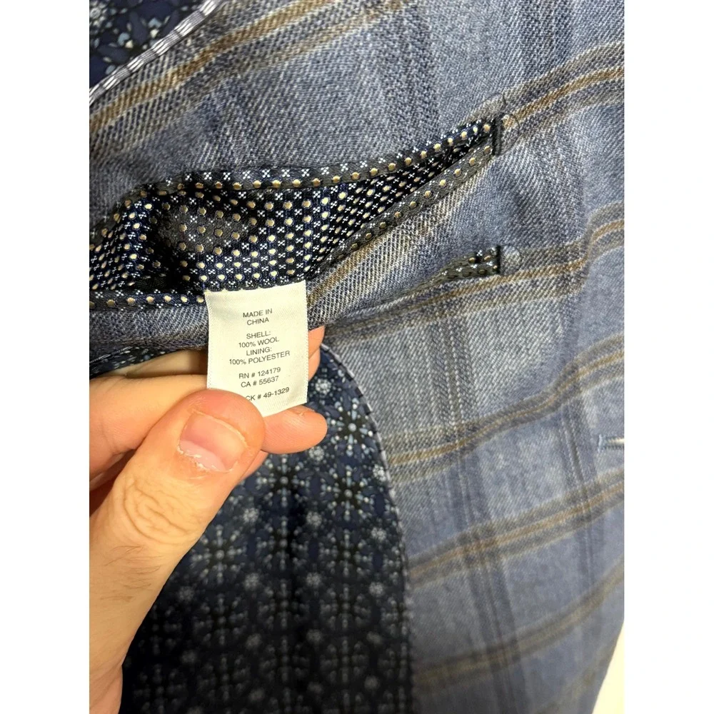Johnston & Murphy Blazer Mens 42R Blue Plaid 100% Wool Two-Button Sport Coat